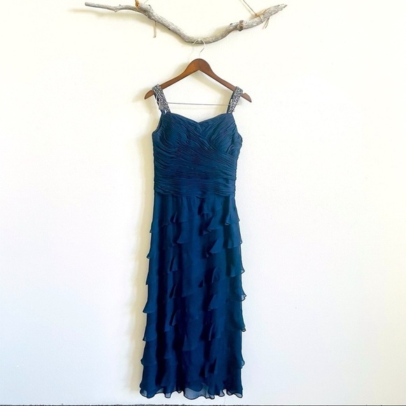 3/$20 JS Collections Navy Blue Beaded Strap Tiered Dress - Picture 1 of 14